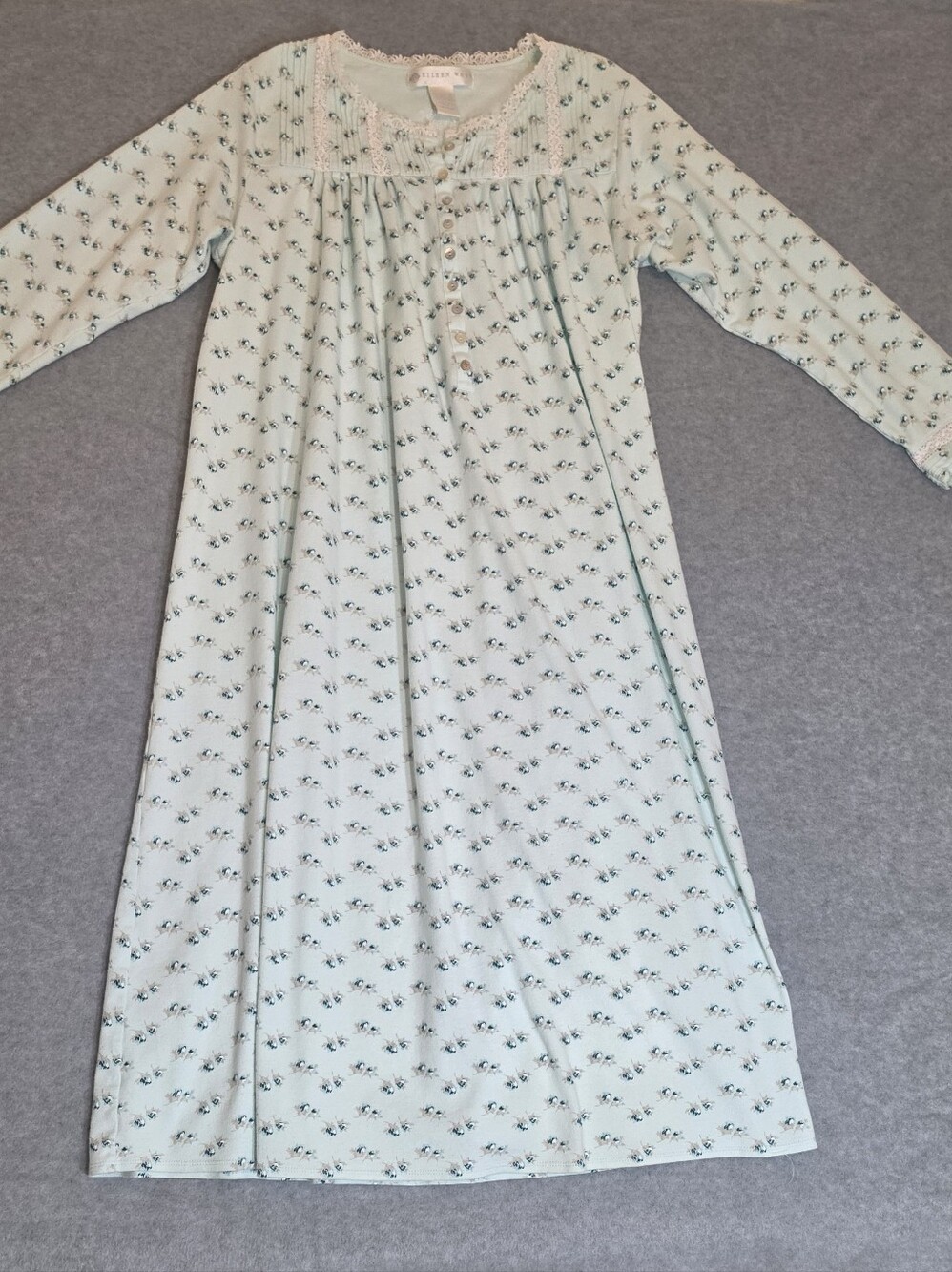 Eileen West Long Sleeve 100% Cotton Knit Nightgown Medium Aqua/Blue Floral Lace